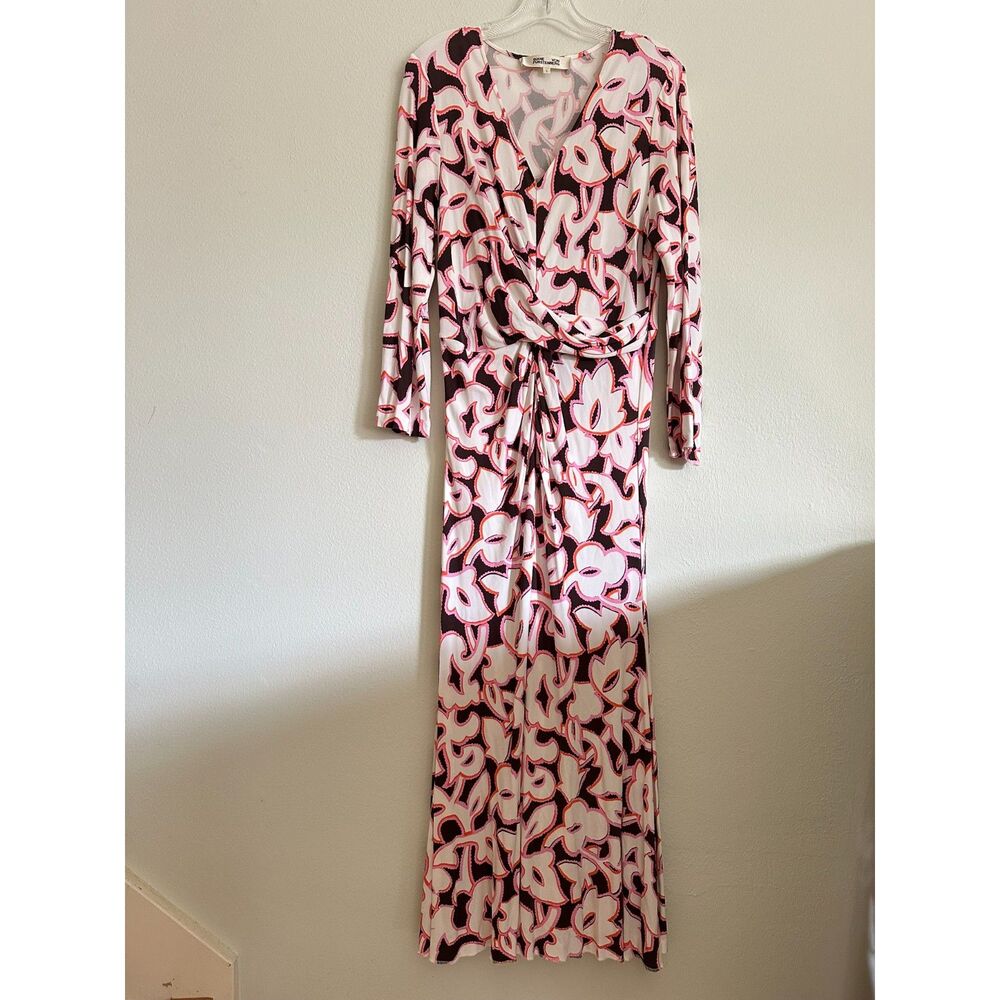 DVF Diane Von Furstenberg Timmy Long Dress in Cypress Cocoa Brown L Resort Retro - Picture 2 of 16